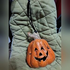 Pier 1 Imports 3.25" Halloween Fall VTG Glittery Orange Pumpkin Bell Ornament